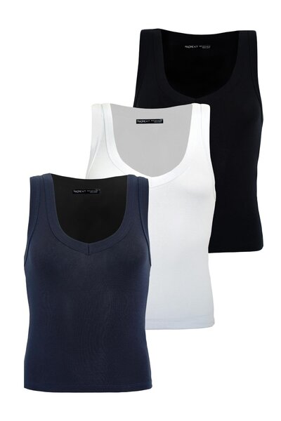 Madmext Black/White/Navy Blue Deep V-Neck 100% Cotton Basic Women's Tank Top Mg2405