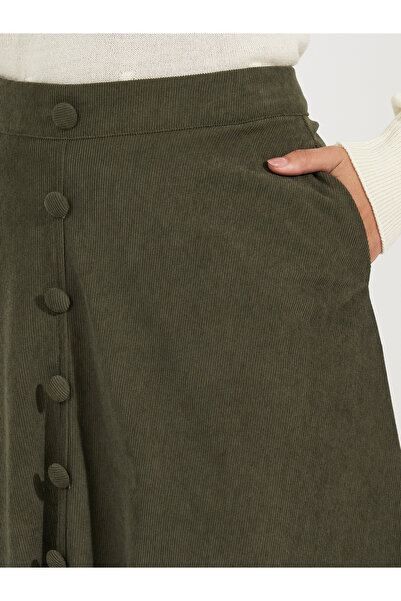 Styli Corduroy Flared Midi Skirt with Button Detail