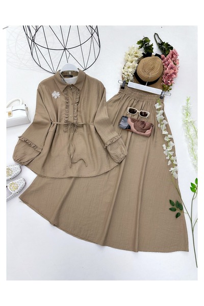 YEDİLALE Flower Brooched Skirt and Bluse Double Set 4906