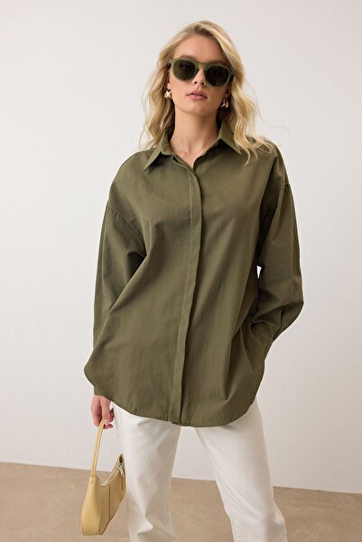 VAGGON Women's Khaki Long Sleeve Oversize Poplin Shirt Vs00925