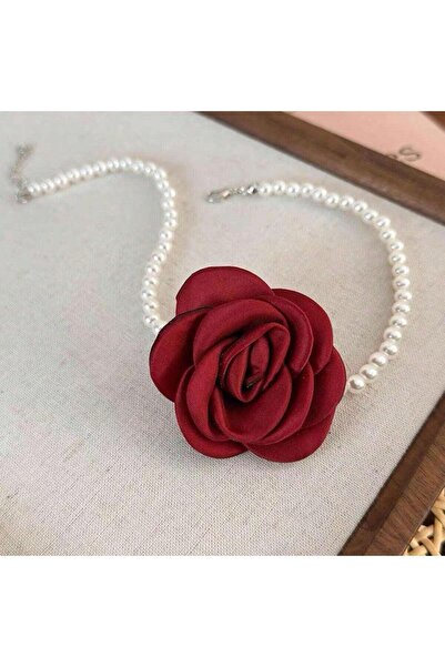 Pursehuit Κολιέ choker, με μαργαριτάρια και μπορντό λουλούδι, Bendicta C14