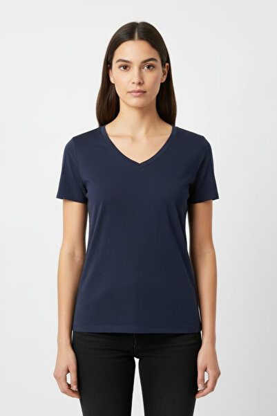 BUSEM Βασικό μπλουζάκι από ύφασμα Modal με λαιμόκοψη σε σχήμα V σε μπλε ναυτικό
