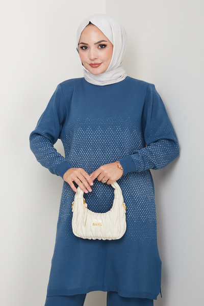 FERHEL Elegance Silvery Woven Comfortable Fit Women's Tunic and Pants Hijab Knitwear Set