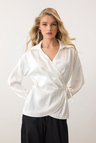 VAGGON Women's White Double Breasted Collar Belted Satin Blouse Vs00921