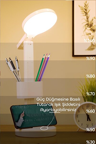 BK Commerce Dokunmatik Şarjlı Masa Lambası Kalemlikli Telefon Standlı Ayarlı Ders Çalışma Okuma Işığı S9