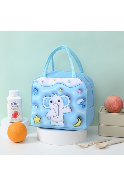 Flippy Geantă termoizolantă portabilă 3D Cartoon pentru prânzul copiilor, din țesătură Oxford, 23 x 13 x 19 cm, model cu elefanți, albastră