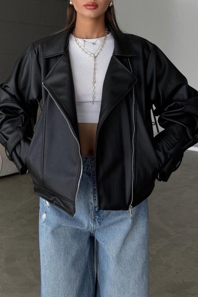 Jaglion New Season Women's Balloon Sleeve Bomber Leather Jacket