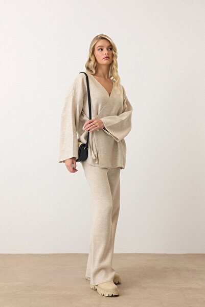 VAGGON Costum din două piese pentru femei, bej, cu decolteu în V, cu bretele, cu picioare largi, Vs00889