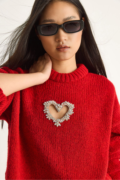 Bianco Lucci Women's Heart Detailed Stone Embroidered Knitwear Sweater 60261249