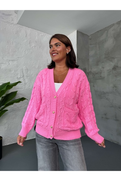 Elif Özbey Butik Pembe Saç Örgülü Cepli Hırka