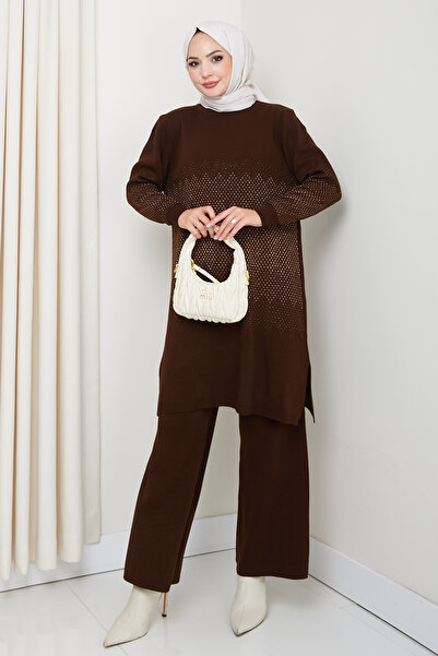 FERHEL Elegance Glittery Woven Comfortable Fit Γυναικείο Τούνικ και Παντελόνι Τρικοτοπλεκτό Σετ Χιτζάμπ