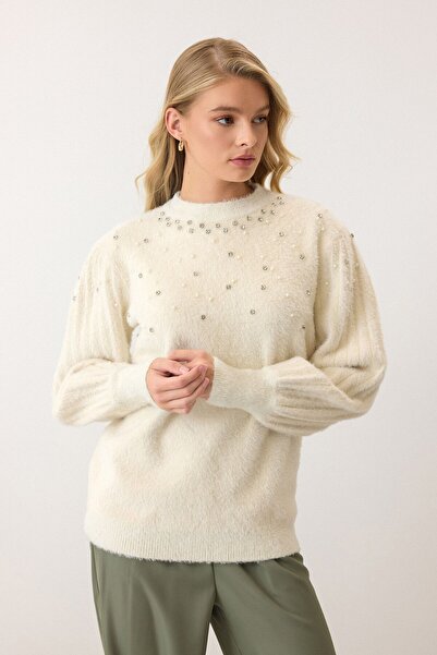 VAGGON Pulover de tricotat crem pentru femei, cu decolteu rotund, cu perle Vs00901