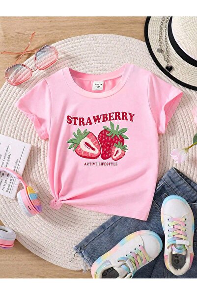 DİSCOST Küçük Kızın Basit Yaz Kısa Kollu Yuvarlak Yaka Çilek Desenli Tişörtü