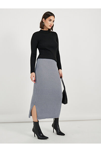 Styli Ribbed Knit Midi Skirt with Side Slit