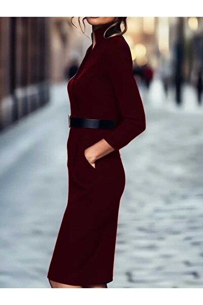 JANES Kadın Hakim Yaka Cep Detaylı Beli Kemerli İthal Krep Elbise (KEMER DAHİL)