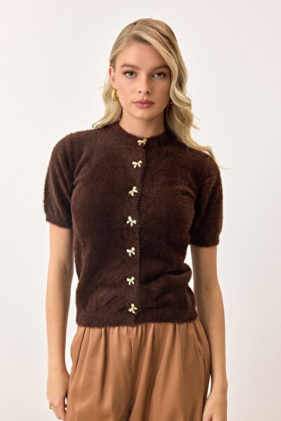 VAGGON Women's Bitter Brown Short Sleeve Buttoned Knitwear Cardigan Vs00892