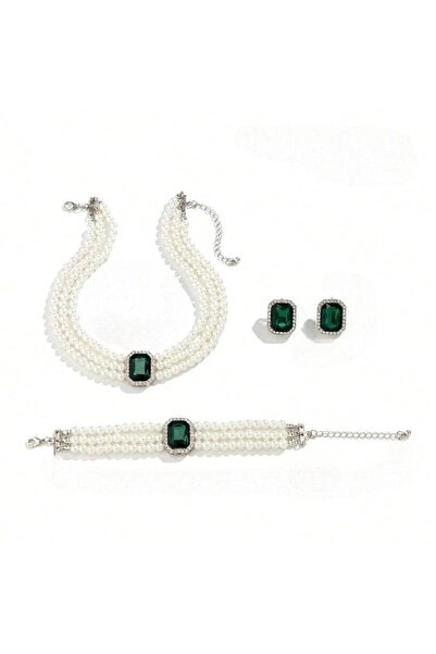 Pursehuit Set colier, brățară și cercei, culoare argintie, cu perle și pietre...