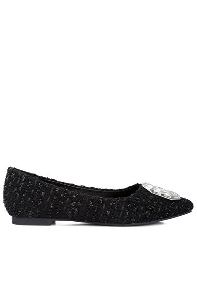 london Rag Women Embellished Jewel Buckle Tweed Ballet Flats in Black