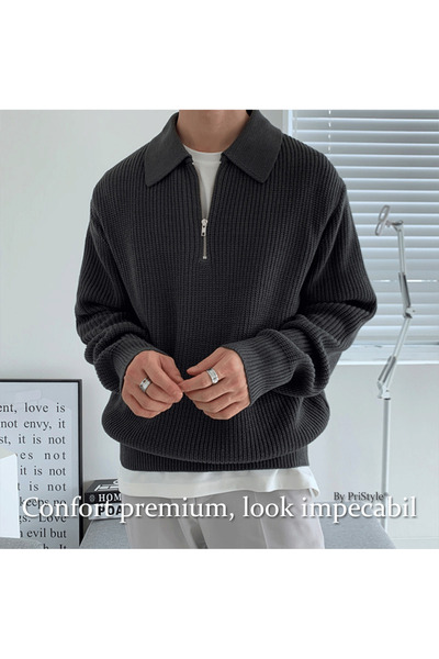 PriStyle Pulover Barbati cu Guler Polo si Fermoar, Tricot Gros din Material Moale si Calduros, Design Modern