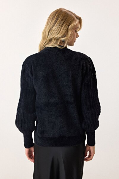 VAGGON Pulover negru pentru femei, cu gât rotund, tricotat, Vs00901