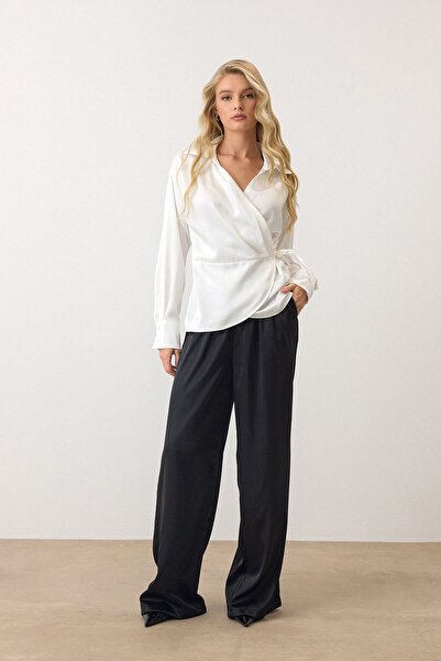 VAGGON Women's White Double Breasted Collar Belted Satin Blouse Vs00921