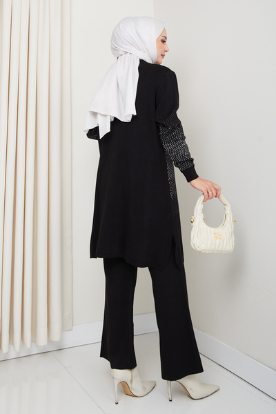 FERHEL Elegance Silvery Woven Comfortable Fit Women's Tunic and Pants Hijab Knitwear Set