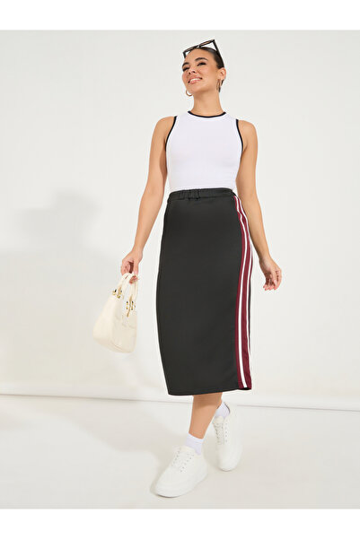 Styli Side Stripe Straight Hem Midi Skirt