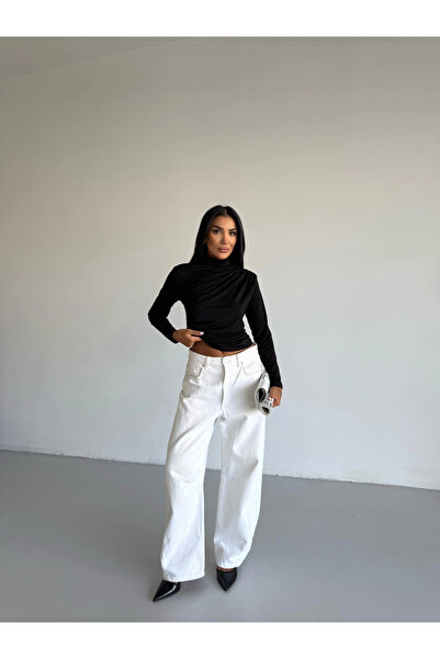 hazelin Women's Black Long Sleeve Drape Detailed High Neck Sandy Blouse Hzl25W-Fry123301