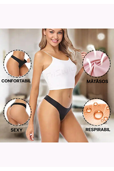 PriStyle Set of 3 Premium Women's Panties Made of Synthetic Silk, Seamless, Thong, Turquoise, Blue, Black, M