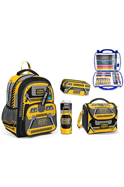 Coral High CORAL HİGH Kids Sarı Siyah Robot Desenli Çelik Termoslu Erkek Çocuk İlkokul Çanta Seti- 5 Parça Set