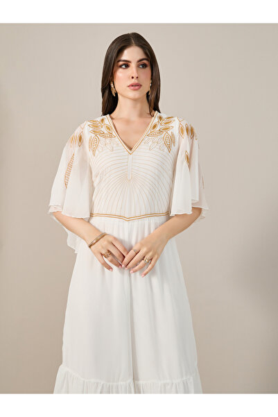 Styli Embroidered V-Neck Angel Sleeve Wide Leg Jumpsuit