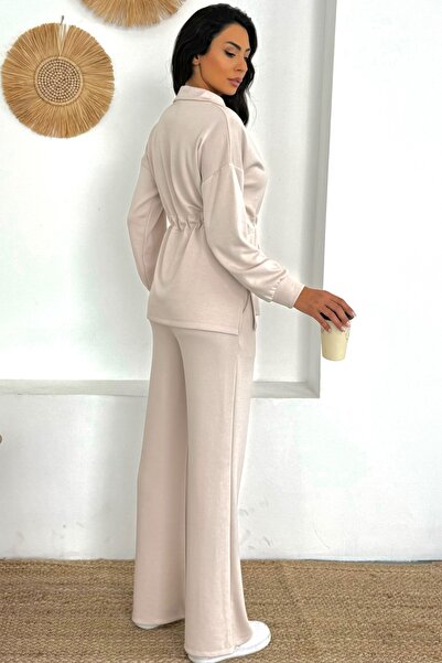 Ded COLLECTION Women's Half Zipper Collar Long Sleeve Adjustable Waist Tunic Wide Leg Modal Set