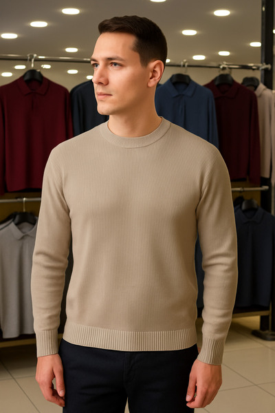 Maccali Men's Crew Neck Striped Cream Sweat Sweater