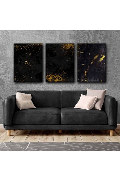 Harikabirev Абстрактна картина в черно-златисти цветове | 3-частна вертикална...