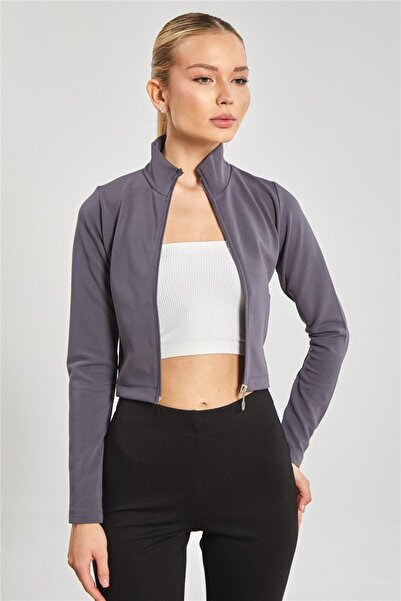 BARRELS AND OIL Dik Yaka Fermuarlı Kadın Body - Füme