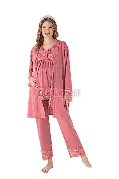 quilling Dusty Rose Color Lace Detailed 3-Piece Long Sleeve Maternity Pajama Set with Dressing Gown 52298