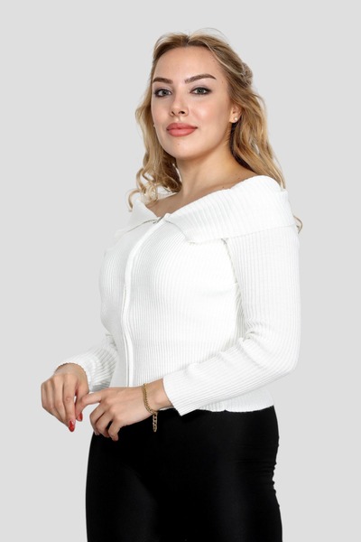 NEWCO Zipper-Detailed Scarf-Collar Cardigan Sweater Stylish Comfortable Flexible Standard Daily Office Stylishness