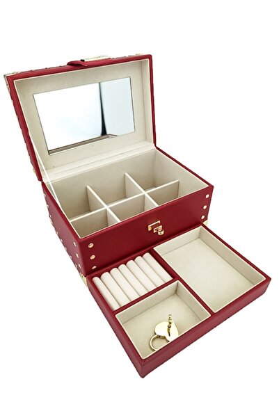 Doty - Jewelry Box in Leather with Detachable Compartment, Includes Lock and Key, Red