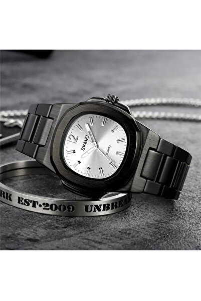 Skmei Men’s Stainless Steel Analog Quartz Watch Silver Dial Black Bracelet