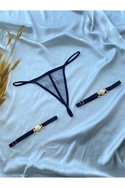 Maly Love Kadın Siyah Tül Tanga ve Ayarlanabilir Deniz Kabuğu Detaylı Bacak Aksesuarı Seti