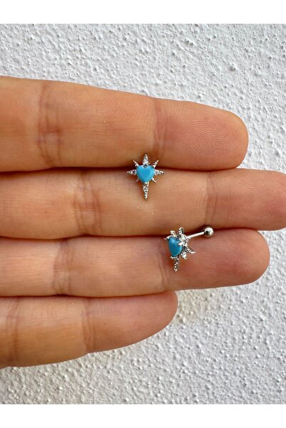 Arescollection Mavi zirkon taşlı kalpli 1 adet tragus helix lobe uyumlu piercing