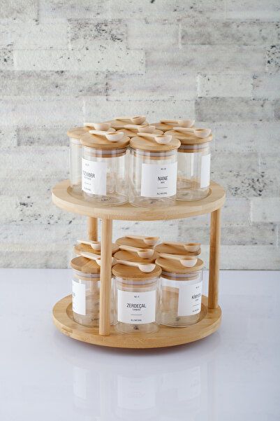 ANJEAHOME Novi 14-Piece 250 ml Glass Spice Jar Set with Bamboo Lids, 2-Tier Rotating Bamboo Stand and Spoon (with Labels)