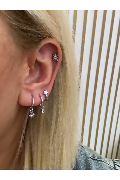 Hicrans Takı MİNİ SALLANTILI YILDIZ MODEL ÜÇLÜ SET ÇELİK KÜPE