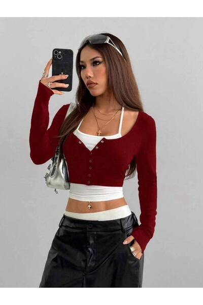 Gofeel Kadın Fit Uzun Kollu Twisty Düğmeli Crop Bluz