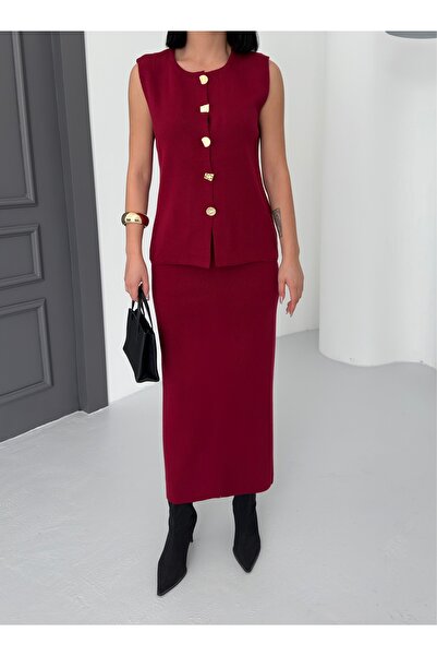 BEJNA Women's Burgundy Button Detailed Vest Long Skirt Bottom Top Knitwear Set