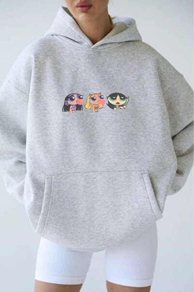 NO 601 Hanorac gros cu glugă pentru femei Grimelange Power Puff cu imprimeu