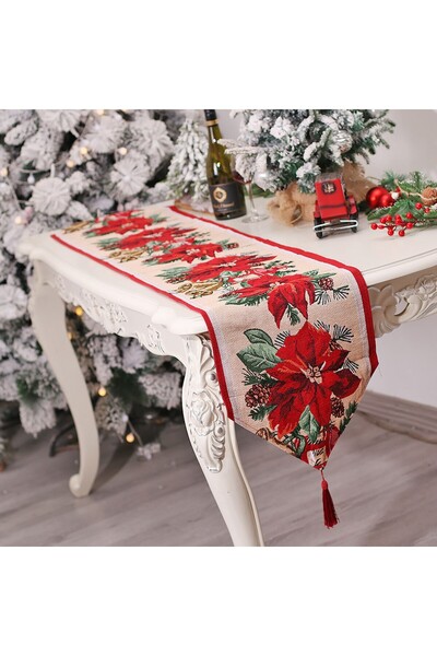 Flippy Christmas Table Runner Flippy, Knitted Heavy Fabric, Red Flower Pattern, 173x34x0.2 cm, White/Red
