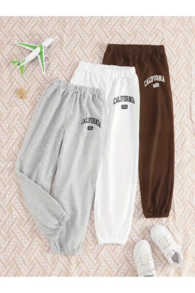 LOUİSA 3-компонентен комплект за момичета Калифорния, САЩ Печатни 2-слойни панталони от шерпа (сиво-бяло-кафяво)