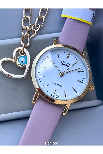 Q&Q Leather Cord Women's Wristwatch, Pink Color Simple Stylish Model Heart Bracelet