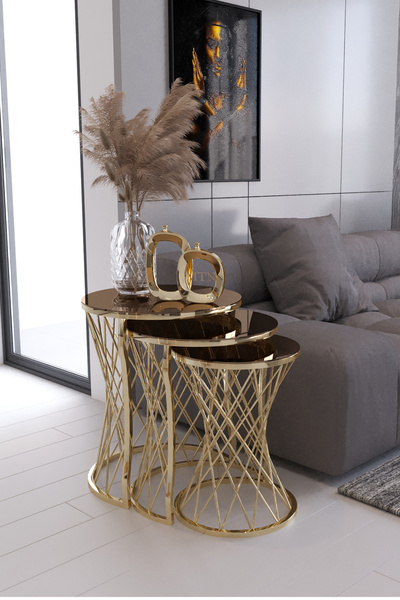 Nies Aksesuar Hasır C 3'Lü Zigon Sehpa Gold Ayak Bronz AYNA